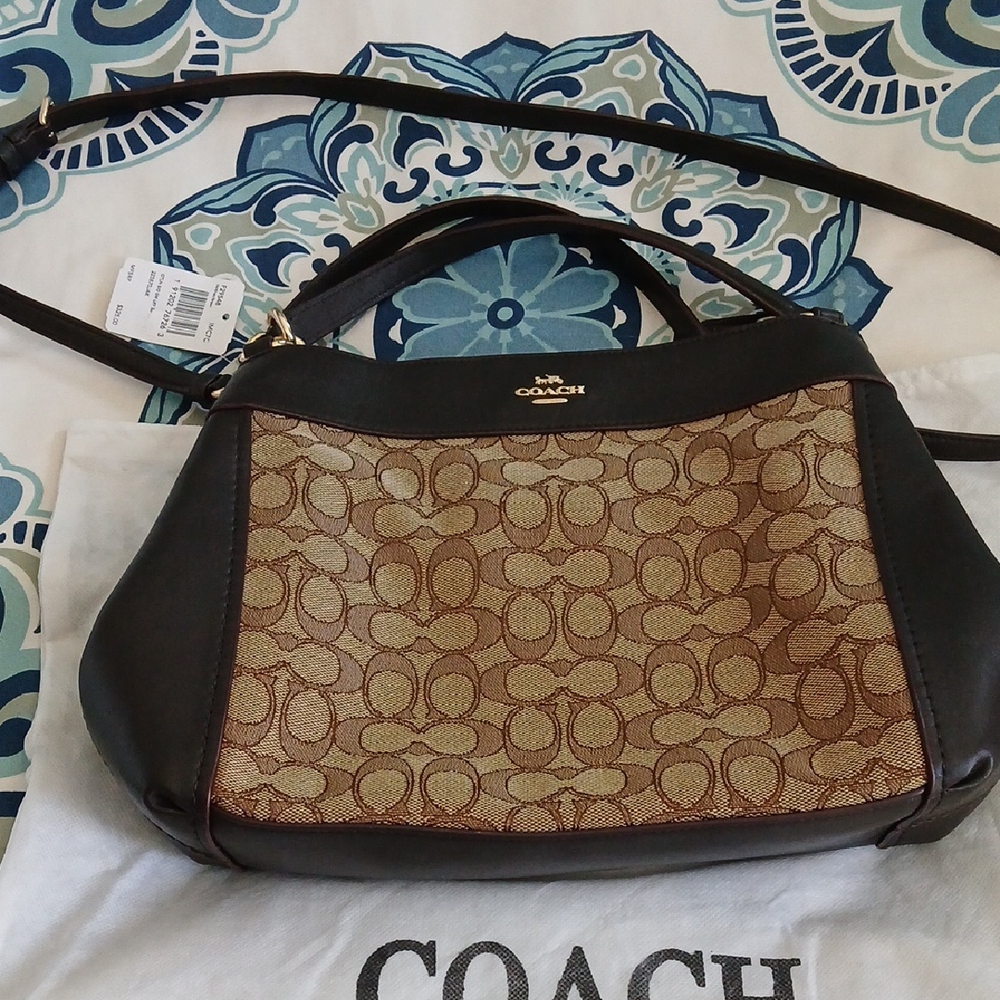 Coach Black and Brown Shoulder Bag with Monogrammed Design